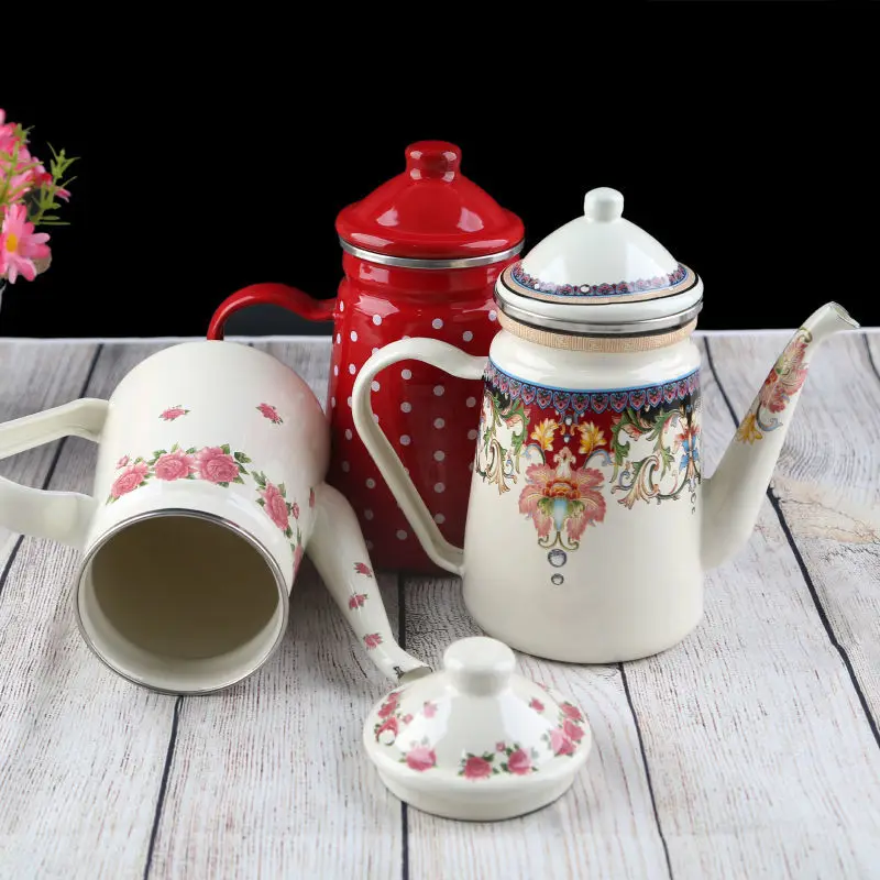 1.2L Heatable Enamel Pot Household Teapot Coffee Pot Fruit Teapot Ethnic Style Kitchen Restaurant Enamel Cup