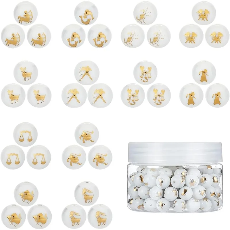 120Pcs Constellations Glass Beads Zodiac Sign Connectors Bead 12 Styles Golden Plated Round Charms Accessories for Women