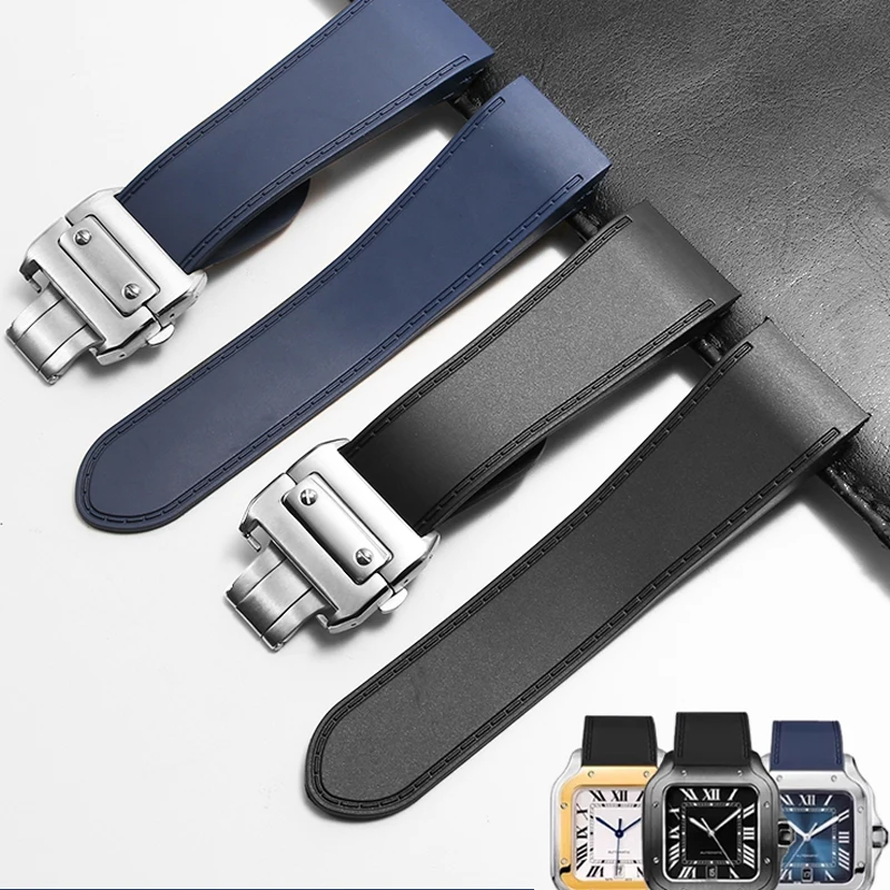 ل كارتييه كبير سانتوس ساندوز سانتوس 100 سيليكون حزام الساعات مقاوم للماء الرجال حزام ساعة مطاطي اكسسوارات 23 مللي متر 25 مللي متر سوار