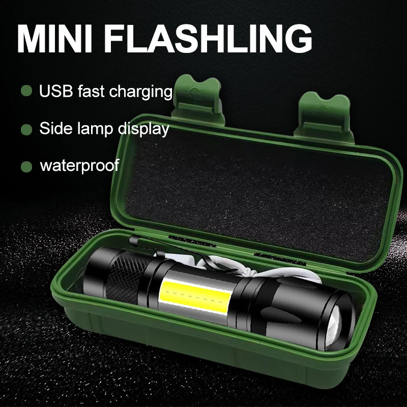 Rechargeable LED Pocket Flashlights with Pen Clip Zoom Mini Light 3 Lighting Mode with Side Lamp for Outdoor Camping Emer