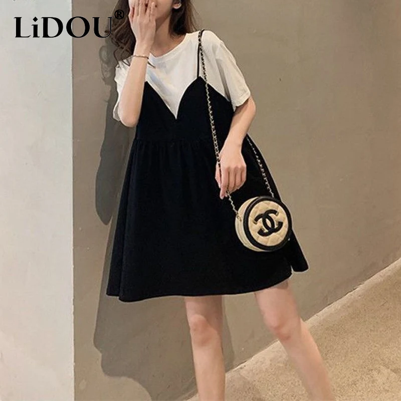 2024 Summer New Round Neck Short Sleeve Fake Two Pieces Sling Tshirt Dress Women High Street Casual Pleated All-match Vestidos