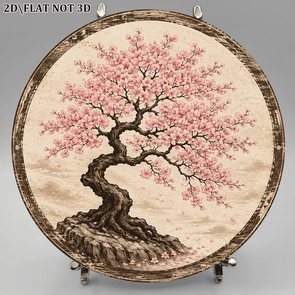 2D Flat, 1pc 8x8in/20x20cm 2D Flat Round Sign, Vintage Plaque Featuring a Cherry Blossom Tree, Japanese Bonsai Decorative Plaque