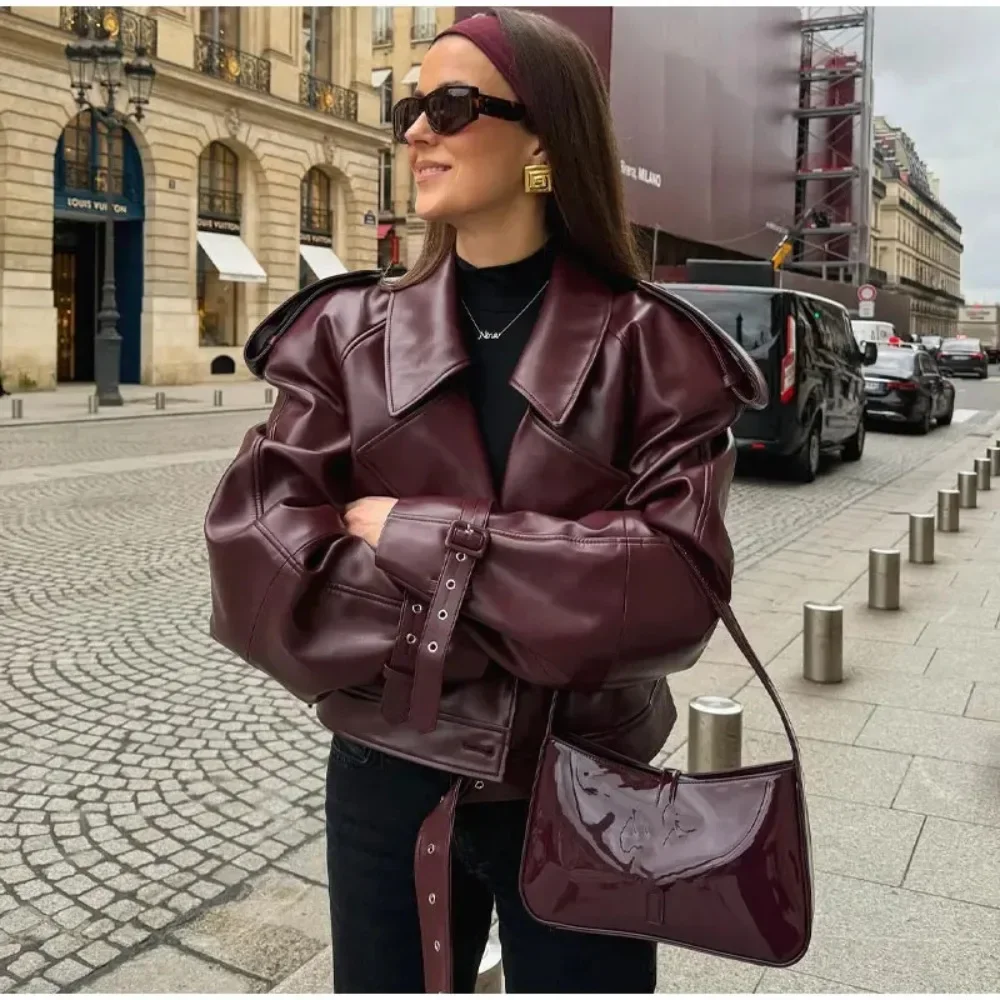 Fashion Woman PU Short Jacket New Autumn and Winter Women Street Rete Wine Red Warm Office Jacket Women's Casual Slim Fit Jacket