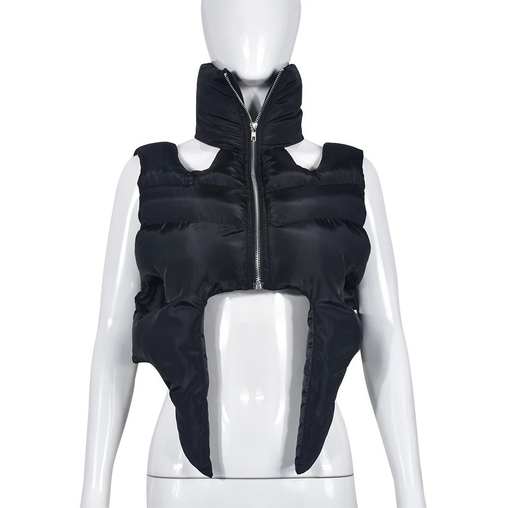 Sexy Sleeveless Cut Out Puffer Crop Waistcoat Women Turtleneck Warm Cotton Padded Zipper Jackets Coats 2023 Spring Fall