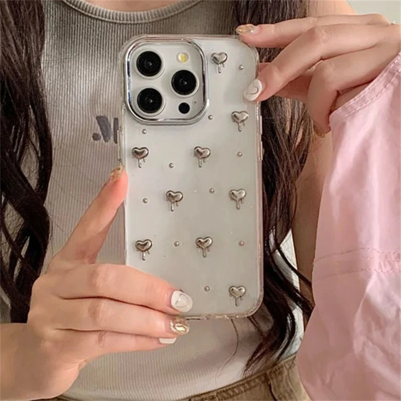 Korean Cute Glitter 3D Fluid Love Silver Beads Epoxy Phone Case For iPhone 15 14 13 12 11 Pro Max Plating Lens Clear Back Cover