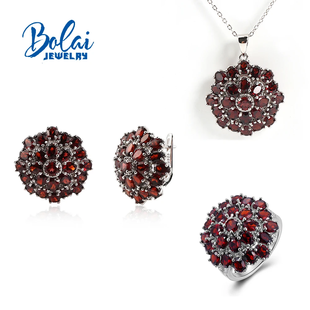 Luxury 925 sterling silver ring earrings pendant necklace Natural garnet January Birthstone Fine Jewelry for Women's party wear