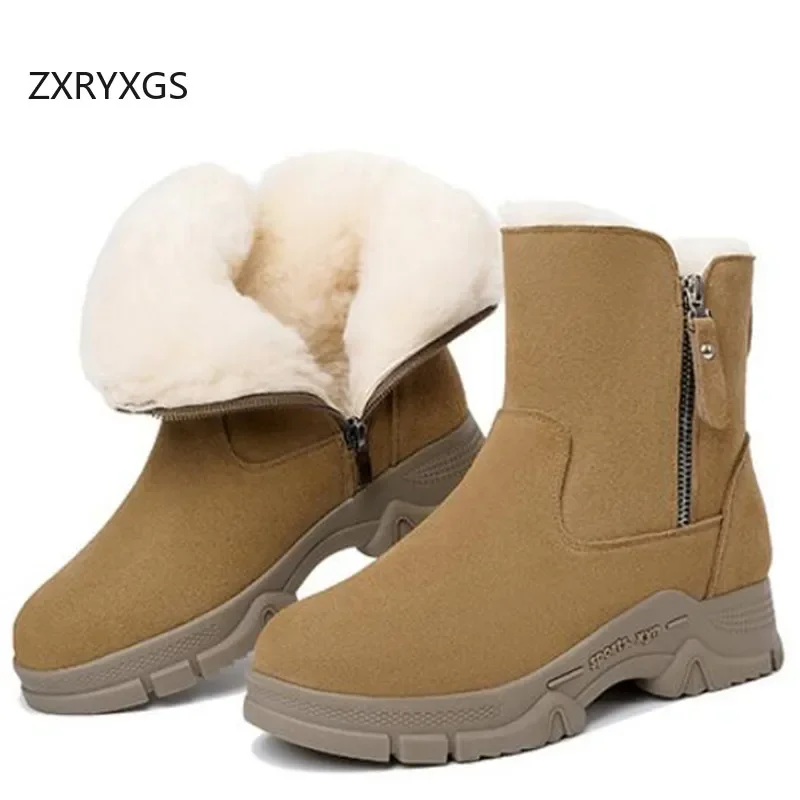 ZXRYXGS Cow Suede Women Real Leather Boots Thick Sole Wedges Increase Shoes 2024 Winter Warm Plush One Fur Wool Boots Snow Boots