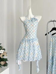 Summer Korean Fashion Mini Plaid Dress Women Vacation Sleeveless Frocks Party One-Piece Evening Fairy Core Prom Gown Sweet Hot