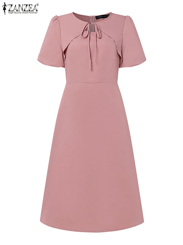 2025 frauen Sommer Sommerkleid ZANZEA Elegante O Hals Kurzarm OL Arbeit Kleid Solide EINE Linie Midi Vestidos Robe Stilvolle Party kleid