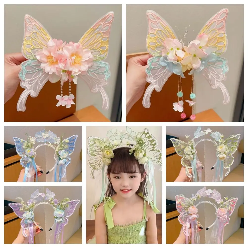 

Lovely Sweet Butterfly Fairy Hair Hoop Kawaii Mesh Big Butterfly Wing Hairpins Lolita Tassels Flower Headband Daily