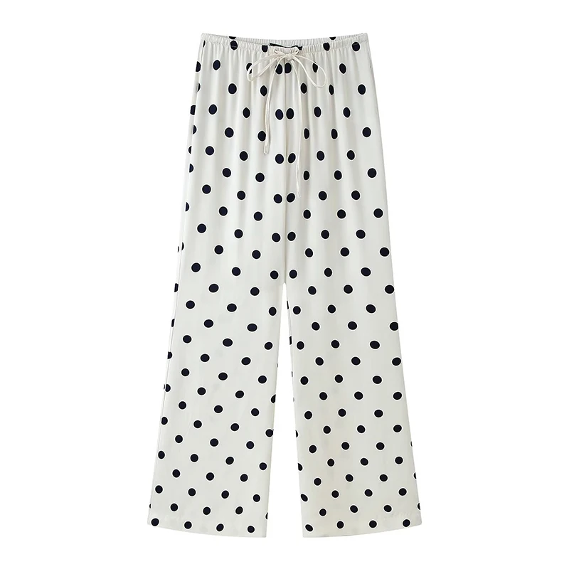 New Women Summer Satin Polka Dot Wide Leg Pants Vintage Adjustable Drawstring Waist Casual Trousers