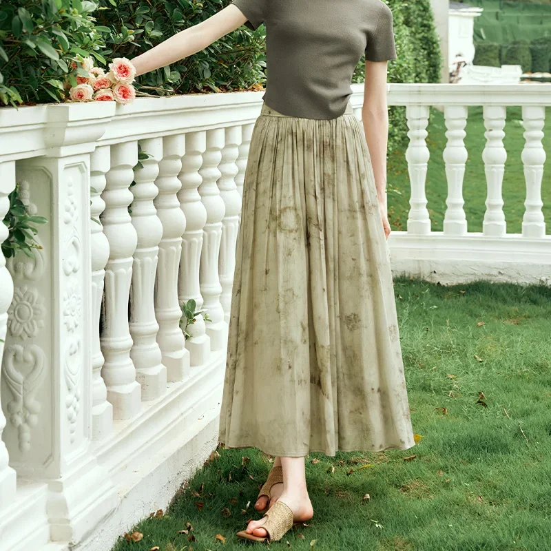 

OLrain Summer Printed Skirts Women 2025 Prairie Chic Green Print Elastic Waist Folds A-line Midi Skirt Ladies Clothes O24XB91363