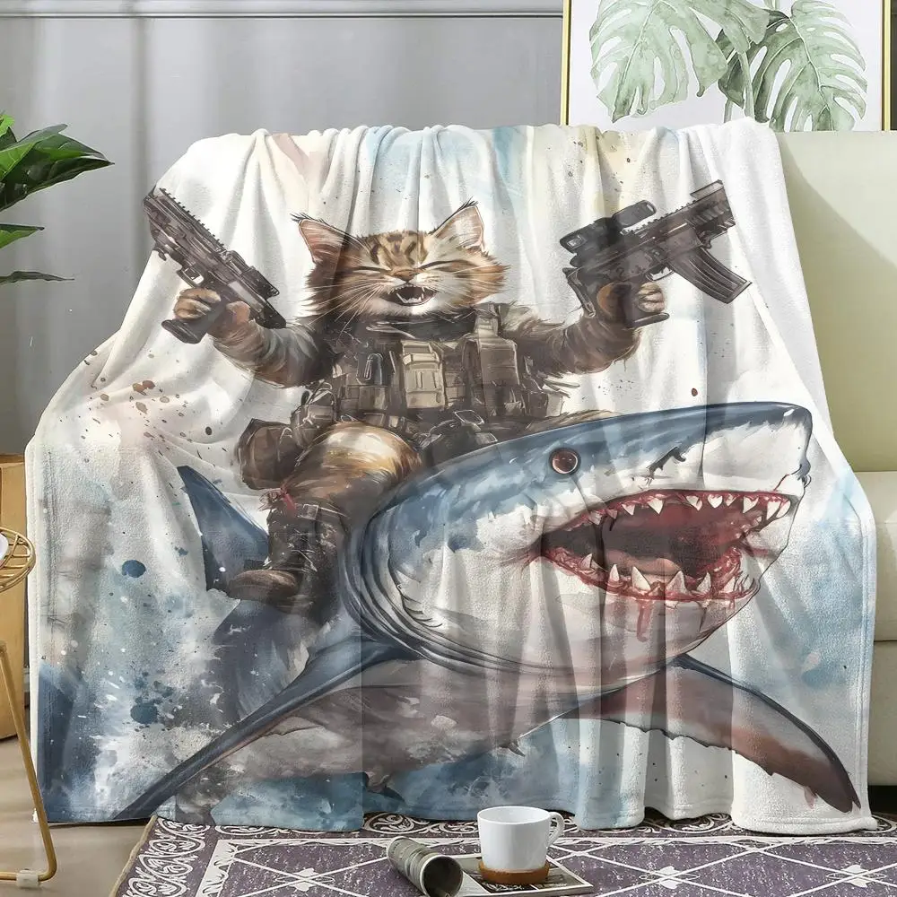 Cat Riding a Shark Throw Soft Flannel AC Blanket Lightweight Summer Nap Throw Cozy Blanket for Sofa Bed Travel Home