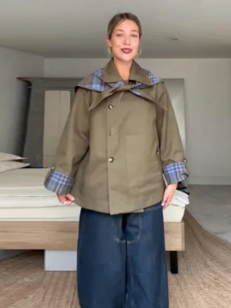 Chique xadrez dupla face casacos feminino lapela único breasted manga longa bolso rendas até jaqueta 2025 outono senhora casual outwear novo