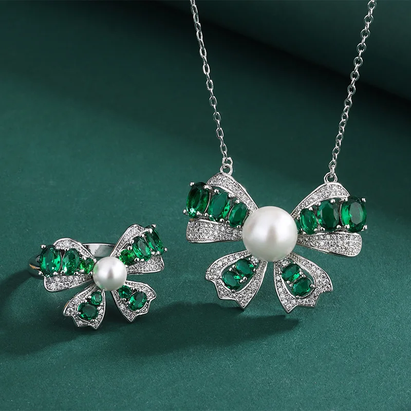 

Hot Sale Jewelry Two-Piece Set Fritillary Pearl Gem Bow Necklace Ring Emerald Pendant