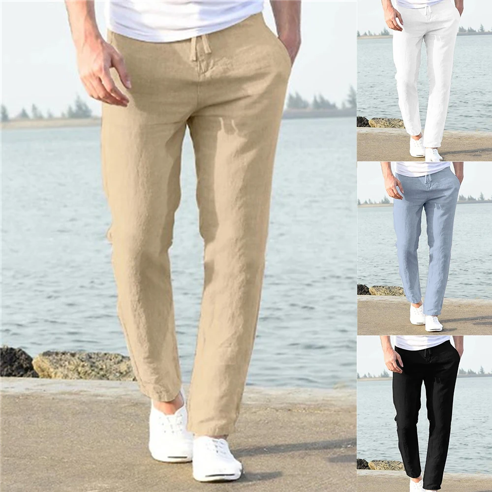 2024 Men\'s Summer Cotton Linen Retro Sports Pants Men\'s Casual Solid Color Harem Pants Fashion Versatile Straight Leg Trousers