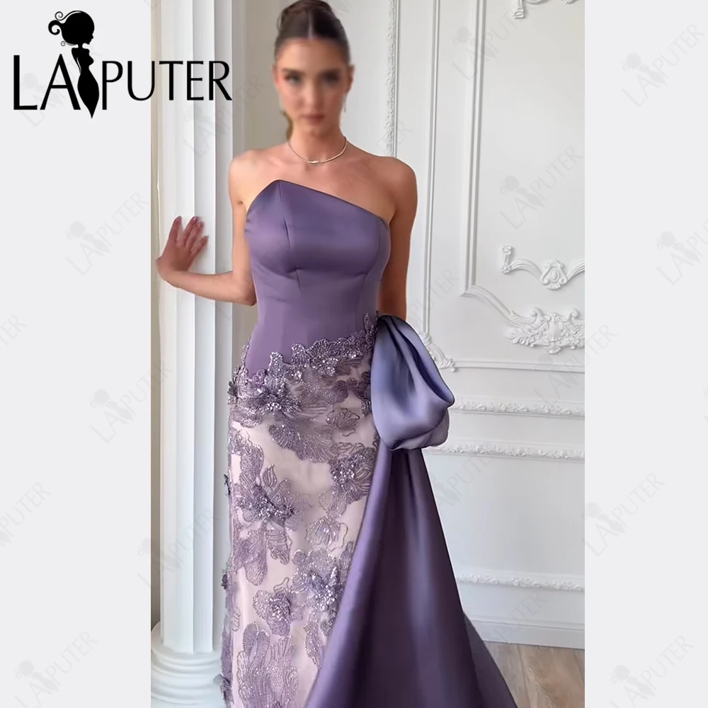 Shiny Purple Prom Dresses Unique Neck Column Evening Gown Sequined Floral Lace Skirt Bow Long Ribbon Side Woman New Formal Dress