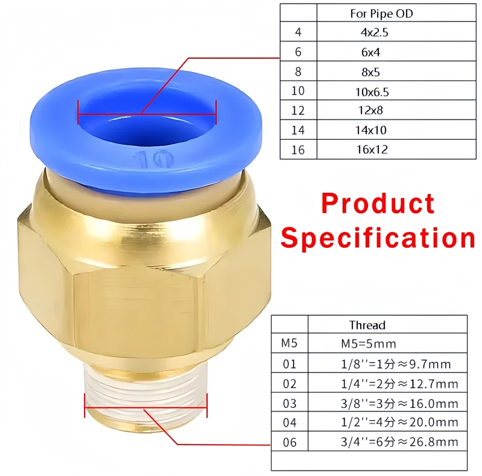 5PCS Quick Connect Air Fittings PC Series - 10mm Hose to 1/8" 1/4" 3/8" 1/2" Thread Pneumatic Push in Connector for Compressor T&I Online Store