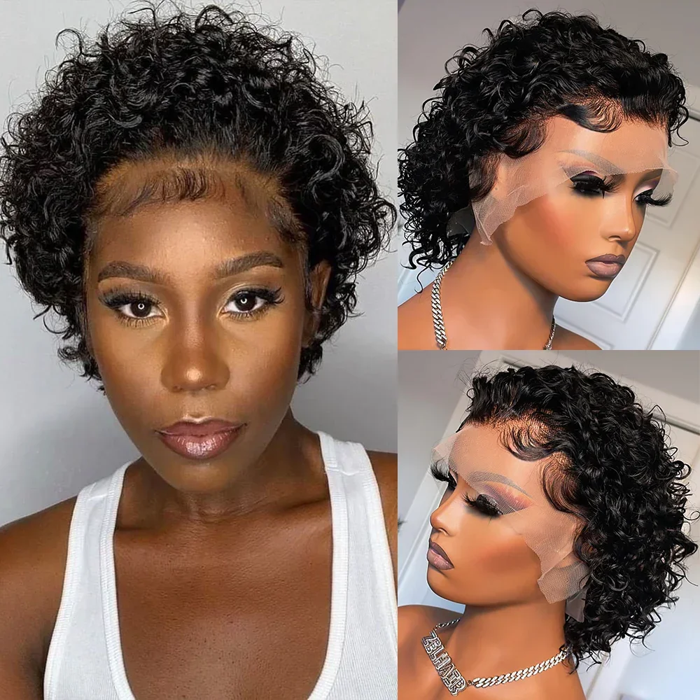 Pixie Cut Wigs Short Kinky Curly Lace Front Human Hair Wigs 13x2 Transparent Lace Frontal Wigs 1B/99 Ombre Water Wave Bob Wig