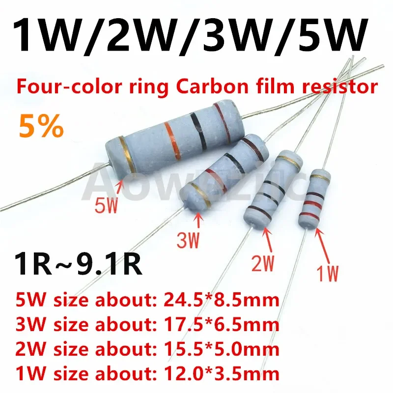 50 Stück 5 W Kohleschichtwiderstände 5 % (1R-9,1R) Ring-Leistungswiderstand 4,7 R 5R1J 5,1 R 5,6 R 6,2 R 6,8 ΩJ 7,5 R 8,2 R 9,1 RJ Ohm