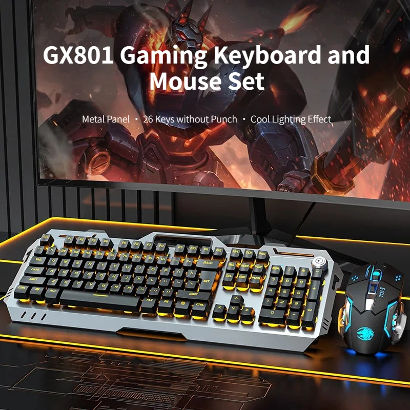 

GX810 E-sport Gaming Keyboard and Mouse Set Multi-function Knob RGB Backlit Metal Panel Ergonomic Wired Keyboard 12800DPI Mouse