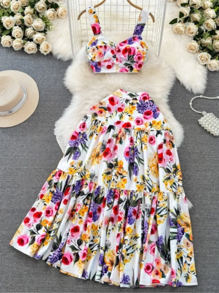 

Women Elegant Casual Printed Skirts Suit Summer Fashion Vintage Chic Floral Tanks Tops A-Line Saya Two Pieces Set Female Clothes