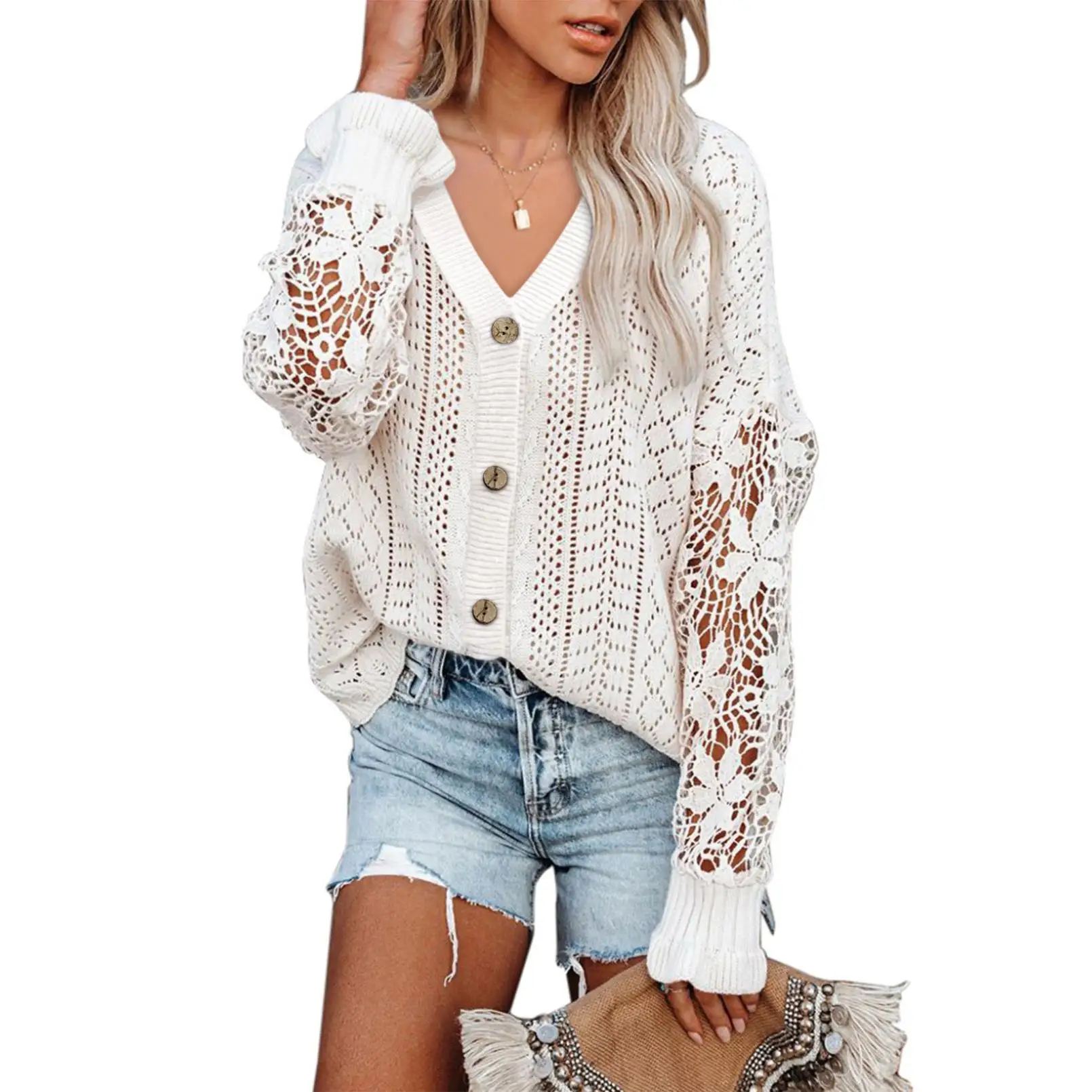 

Ele Cardigan Sweater Hollow out Lace Long Sve Women's Knitted Sweater Floral Pattern Ultra Thin Winter Outerwear