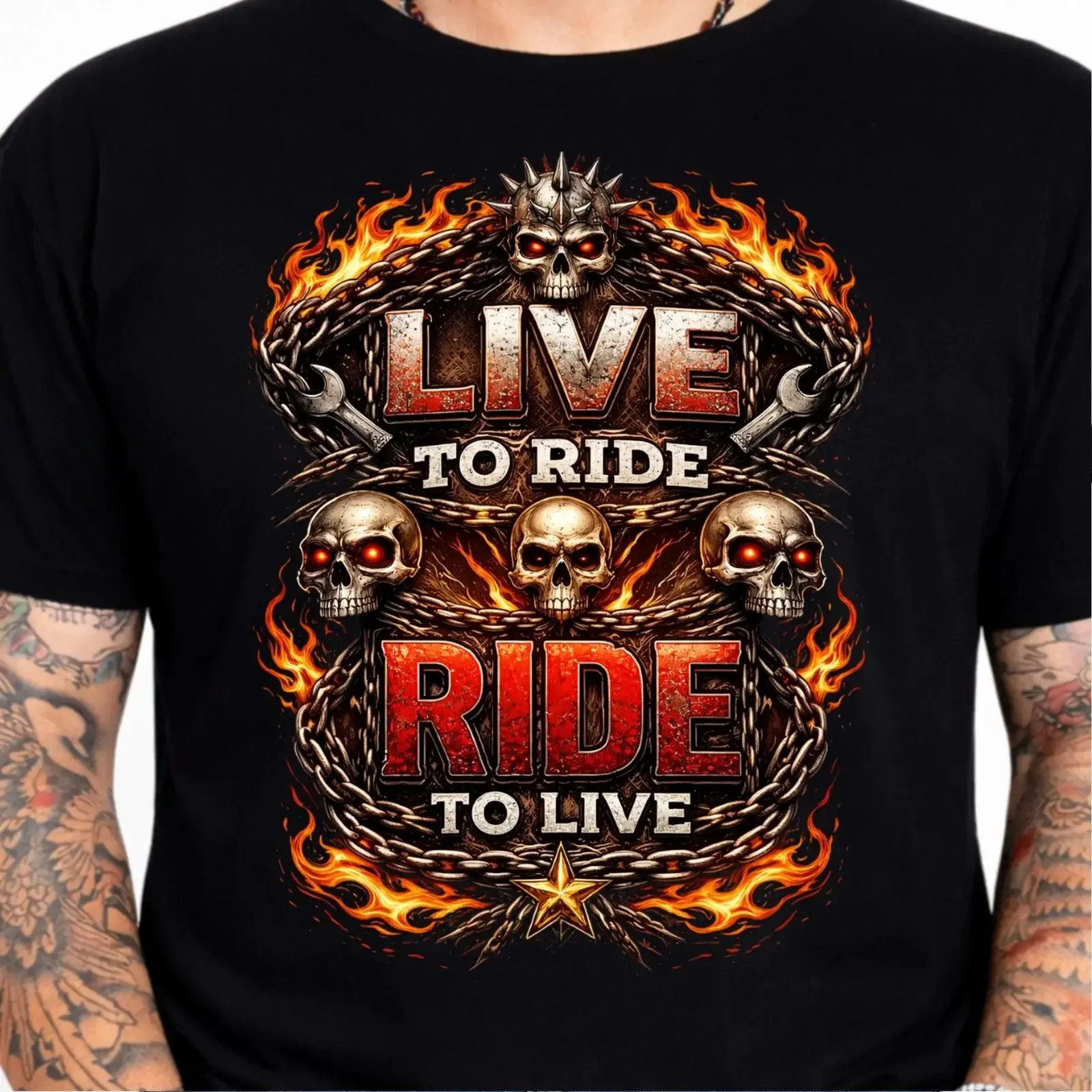 Live to Ride Flaming Skull Chains Biker Motorcycle T Shirt Image 1 of 4 vintage Washed Versatile Stretched Slightly homme