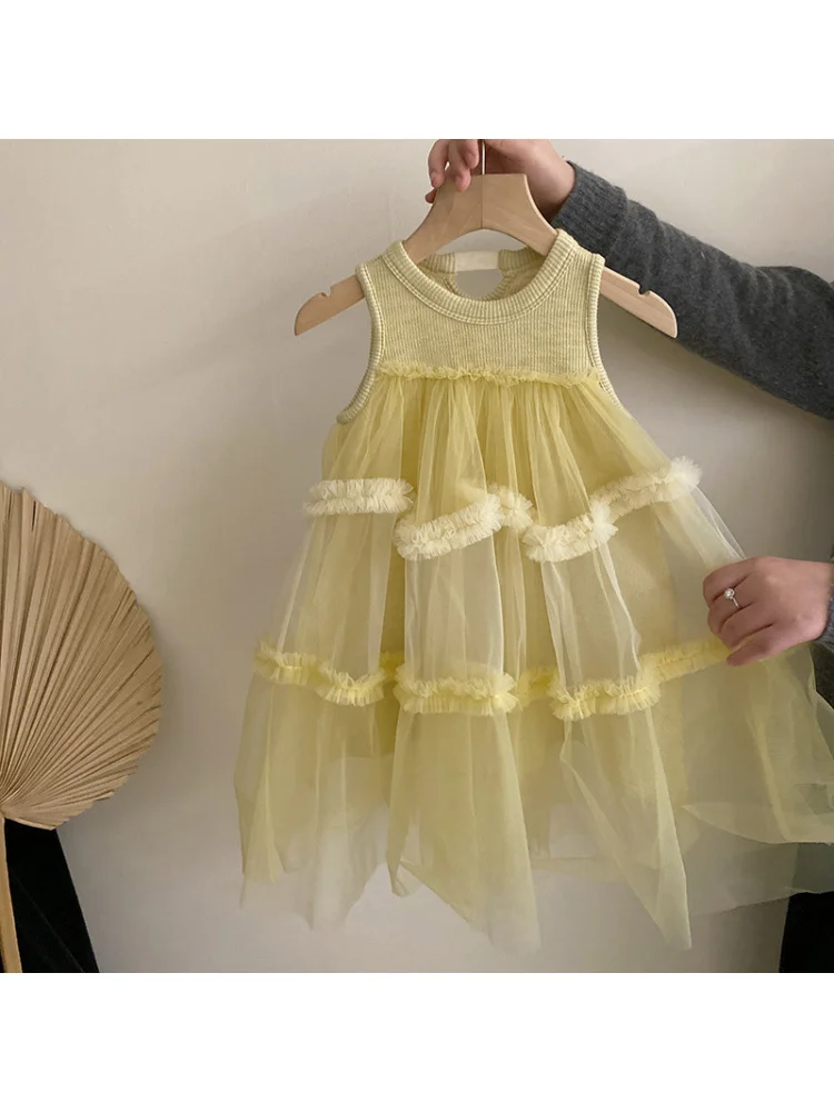 Vestido de hadas para niña, novedad de verano 20225, vestido elegante sin mangas de retazos de malla, vestido de princesa elegante para niños