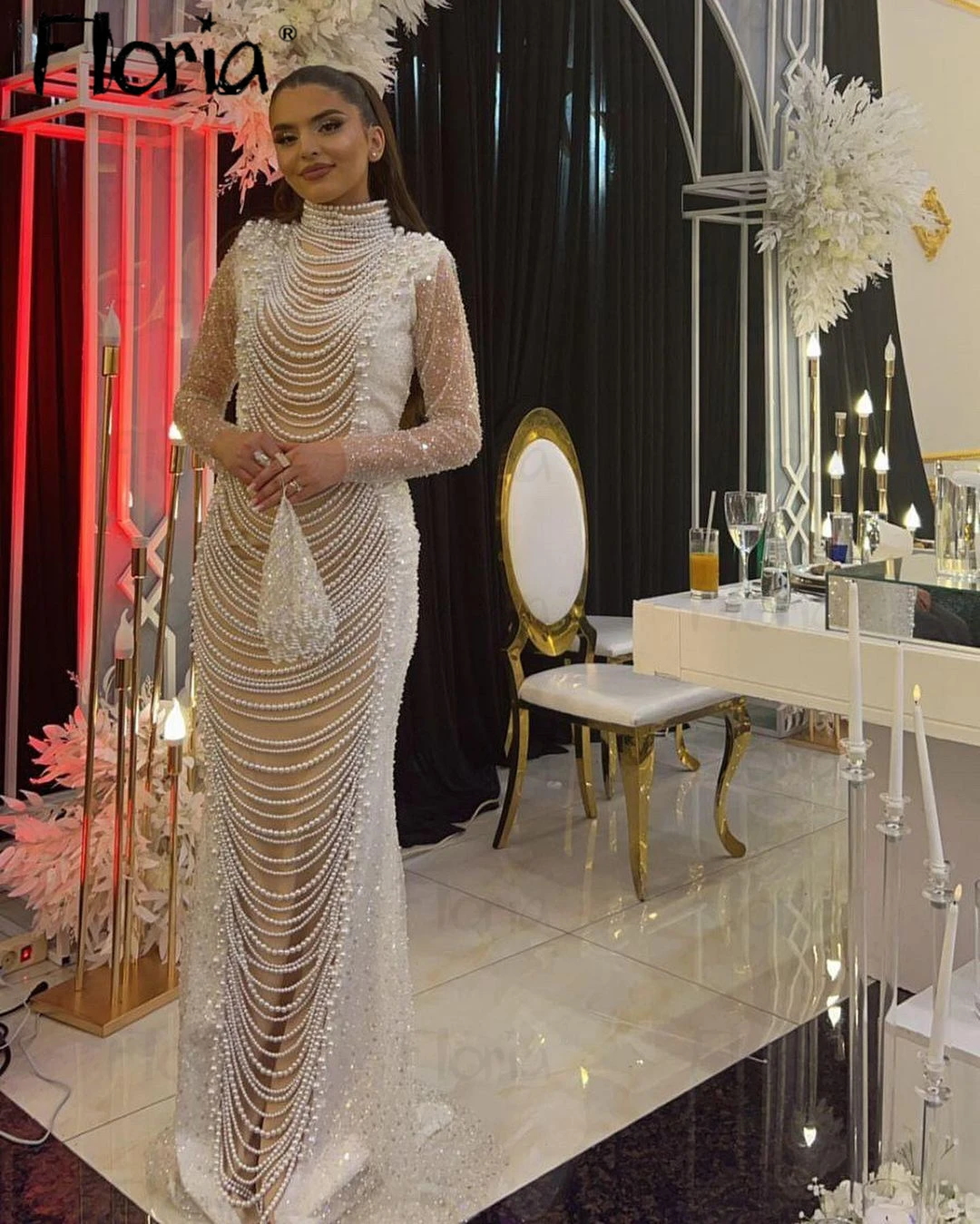 

Ivory Pearls Long Sleeve Evening Dress Dubai Modern Vestido De Noiva Arabic Bride Formal Prom Party Gowns Celebrity Floor Length