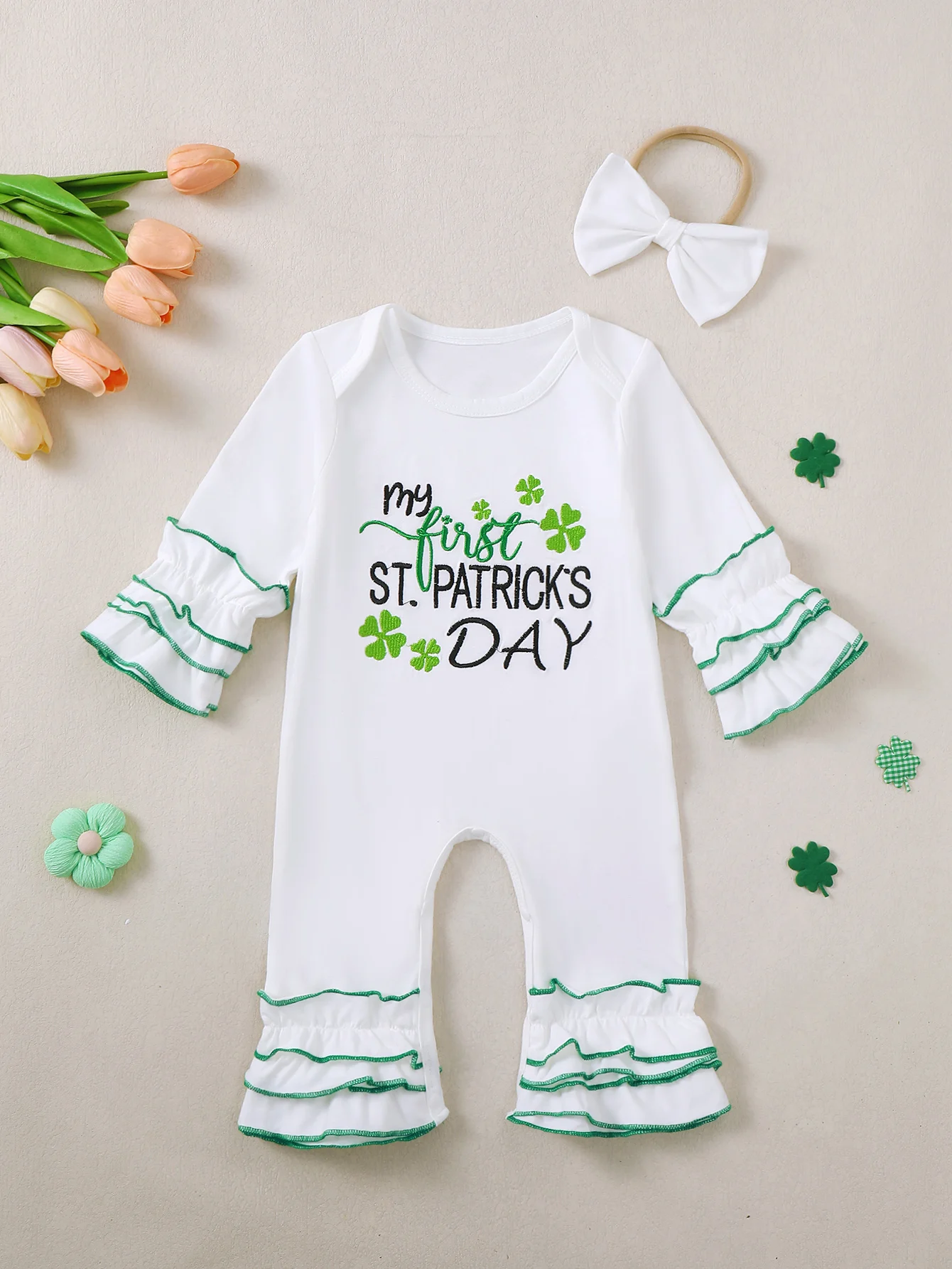 Baby Girl's Long Sleeve Romper with Embroidered Saint Patrick's Day Letters + Bow Knot Headband