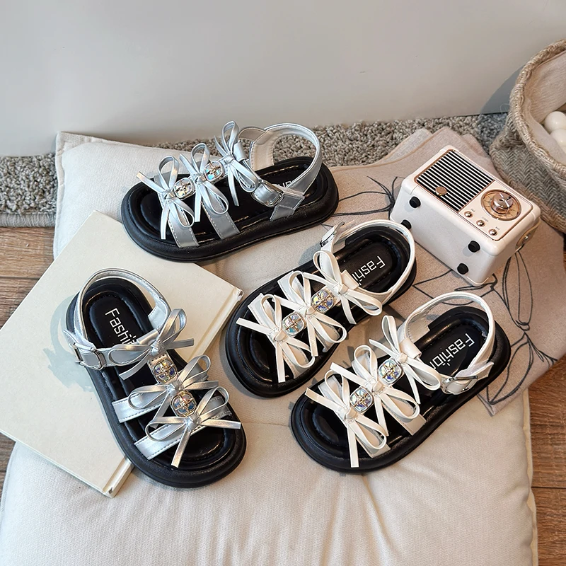 

Princess Shoes Girls New 2025 Fashion Double Bow Chic Children's Mary Jane Shoes Silver Square Toe Elegant Children's Flats