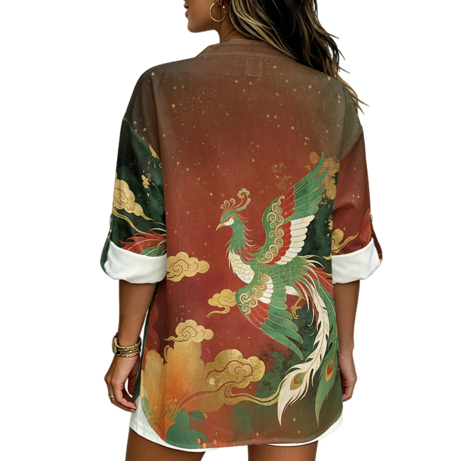 PENSTROLL Rolled Cuffed Linen Style Blouse Top Curved Hem Women's Blouse for Beach Walks Green Phoenix