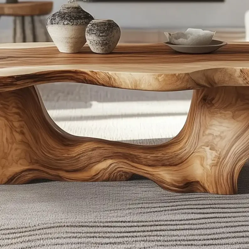 Organic Modern Coffee Table Sculpture Live Edge Wood Center Table Handmade Natural Wood
