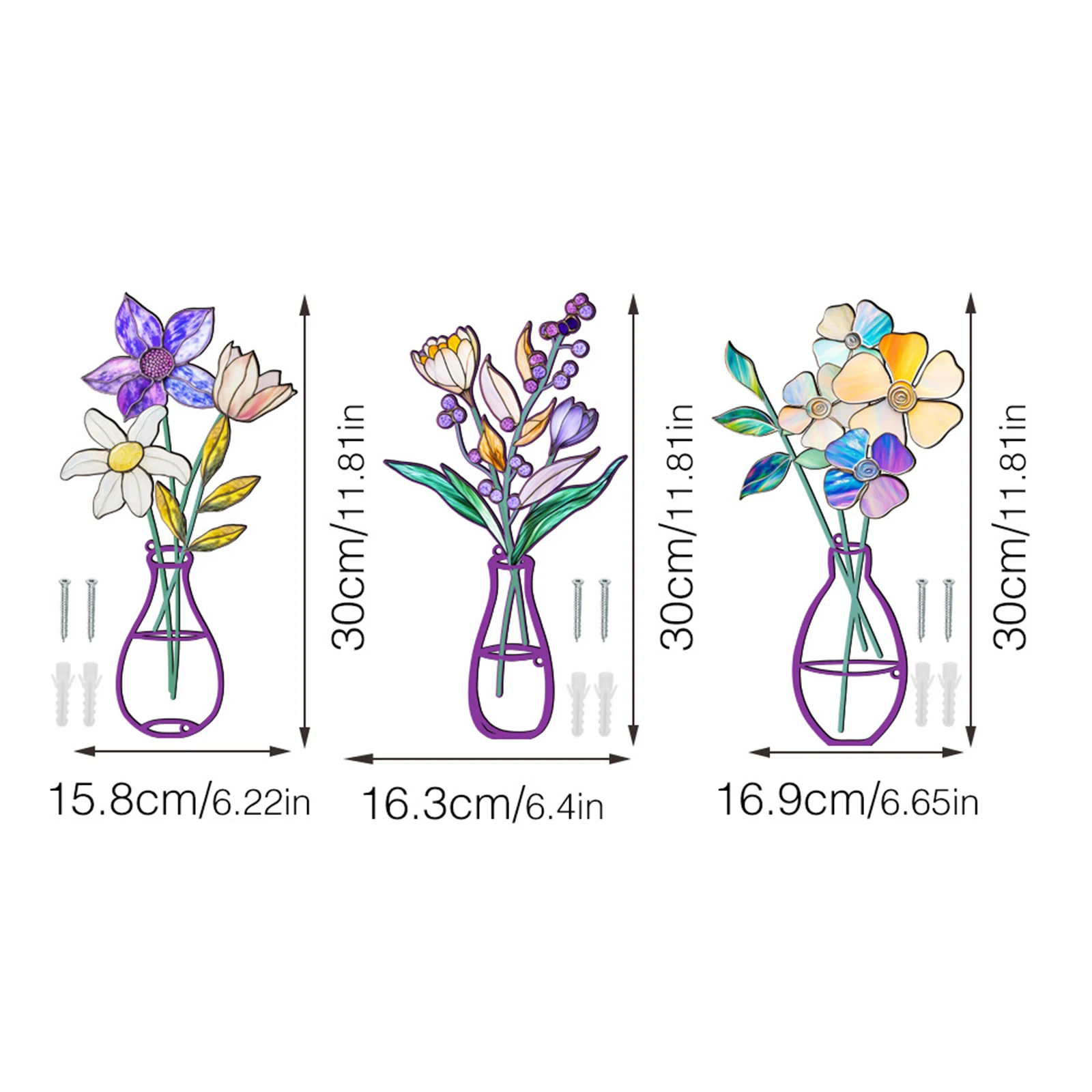 Flower and Vase Metal Wall Decor 3 Pcs Colorful Cutout Line Metal Wall Art for Home, Office, Livingroom Wall Stickers