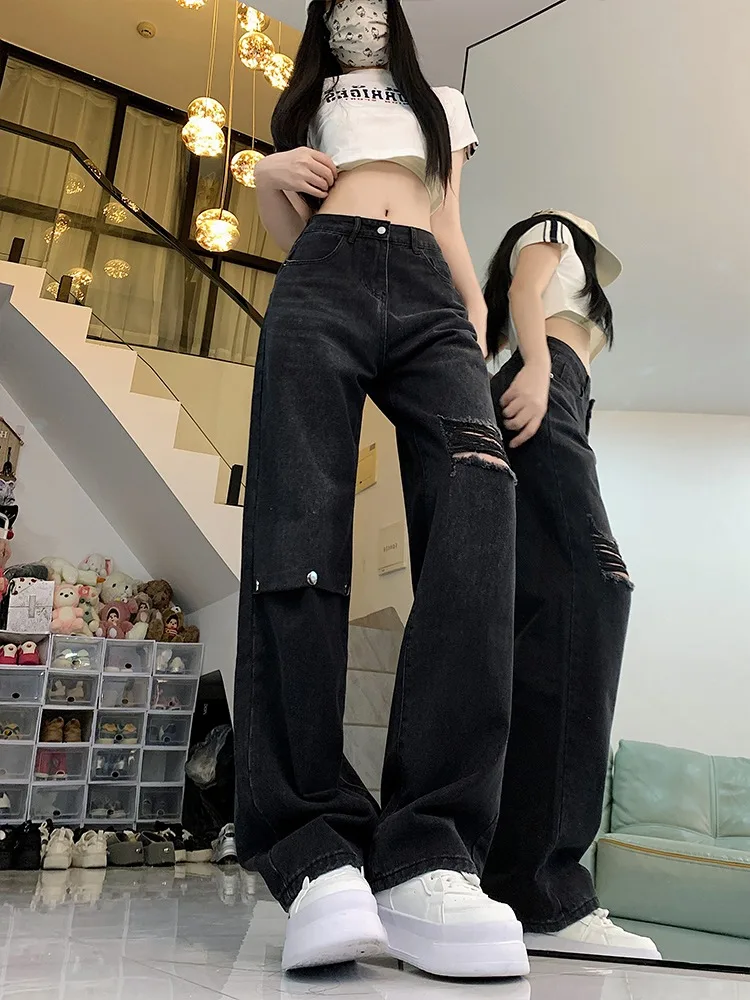

Y2K High Waist Black Wide Leg Jeans Women Korean Style Loose Straight Ripped Baggy Denim Pants Streetwear Casual Trousers
