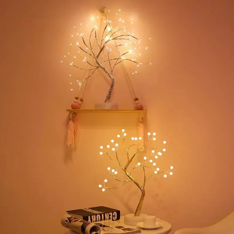 Tree Shape Copper Wire LED Table Lamp Creative USB AA Battery Night Light Indoor Decor Lighting for Bedroom Study Room Home   Q
