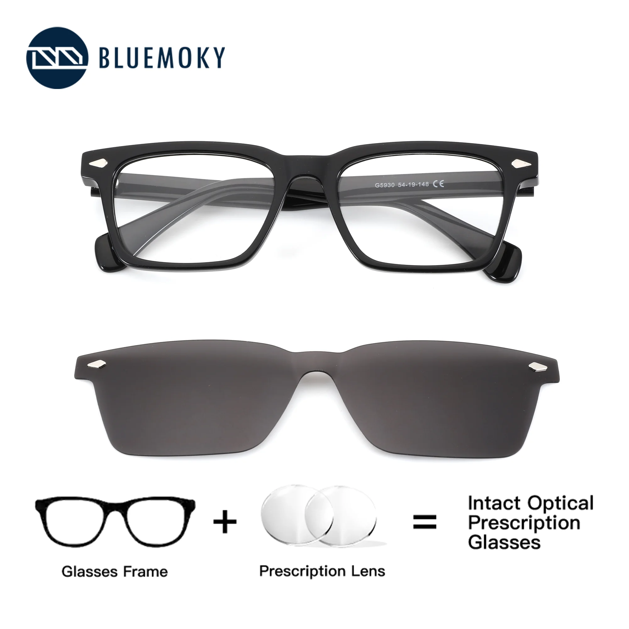 BLUEMOKY Rectangle Acetate Clip on Prescription Sunglasses Man Magnetic Polarized UV400 Multifocal Grade Glasses near and Far