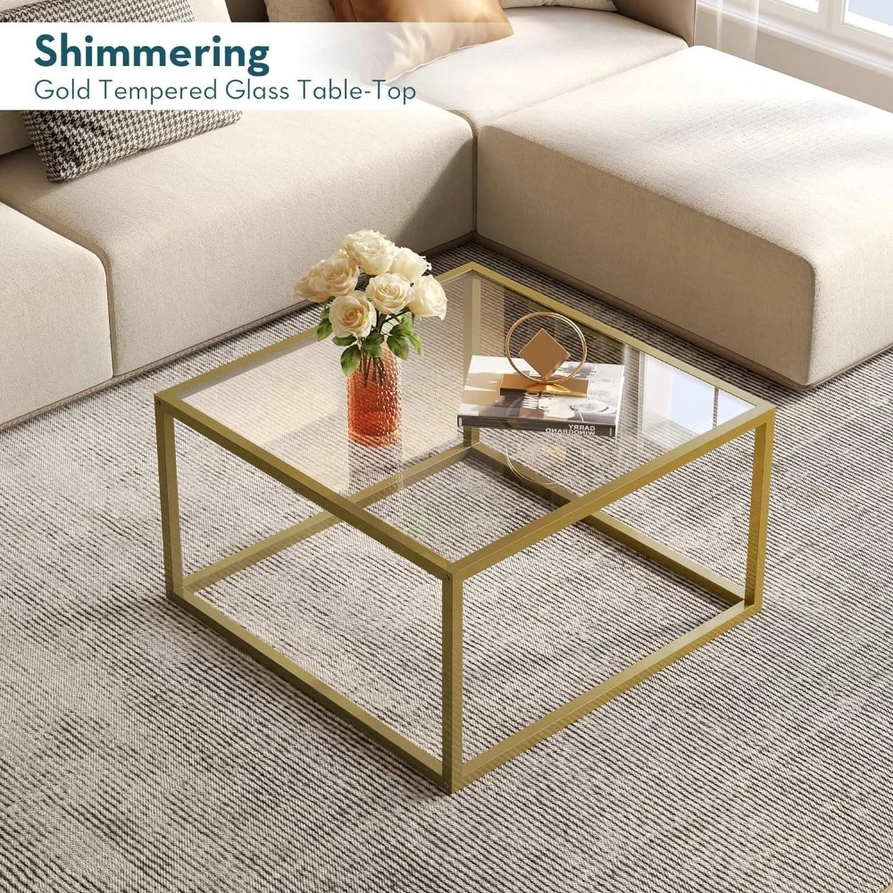 Golden modern glass coffee table, simple square central table for small spaces, for living room home office, easy to assemble