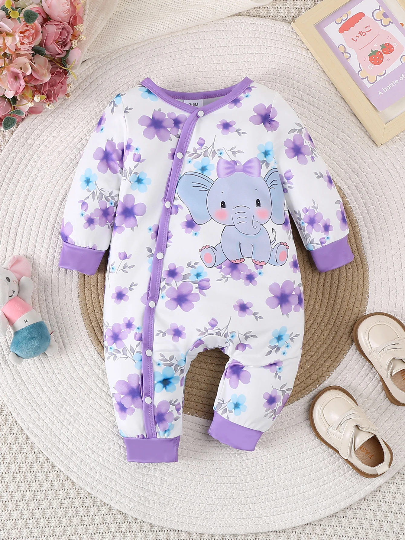 Baby Girls Long Sleeve Elephant Printed Jumpsuit Baby Romper Spring and Autumn Infant Newborn Cute Comfortable Clothing