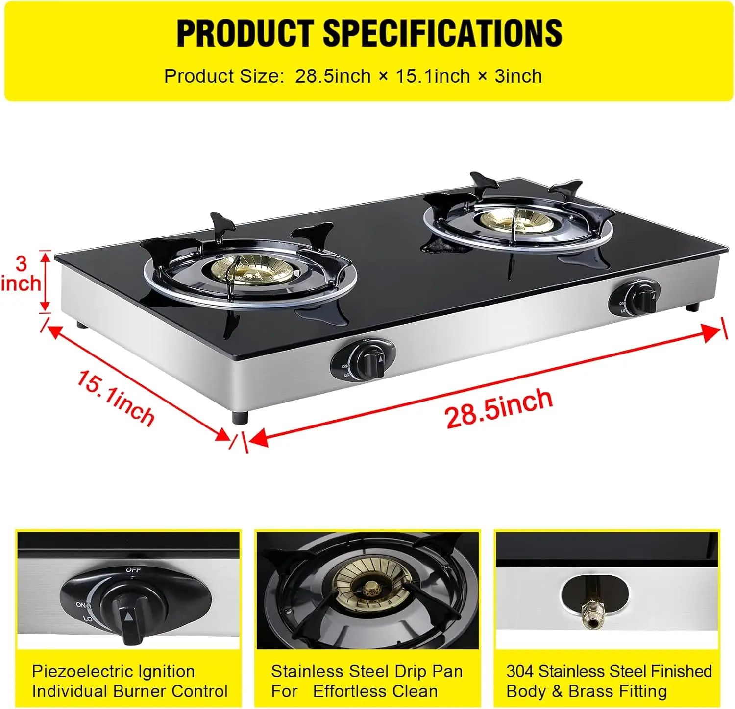 Propane Gas Cooktop 2 Burners Portable Stove with Auto Ignition for RV, Camping, Apartments