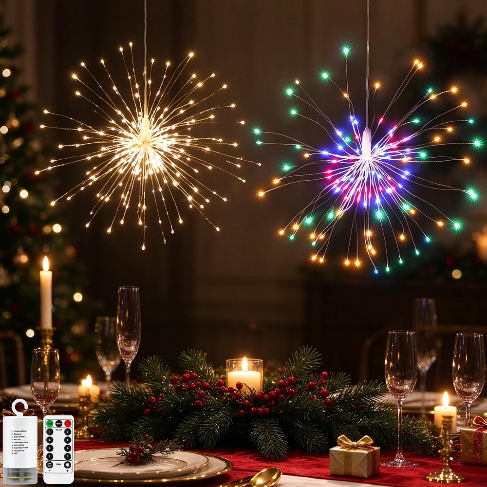 1set Copper Wire Firework Light, 8Modes 120LED Fairy Light with Remote Control, Hanging Starburst Light for Christmas Home Decor
