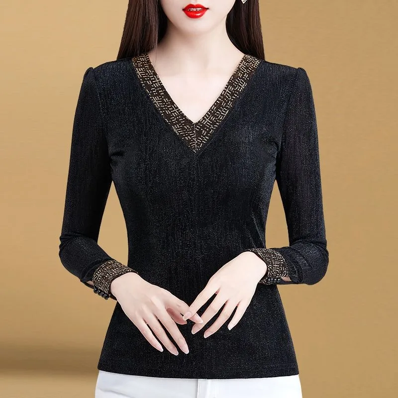 

Бархатные утолщенные топы с длинными рукавами в западном стиле, осень-зима, универсальные и облегающие женские топы с v-образным вырезом, новый стиль