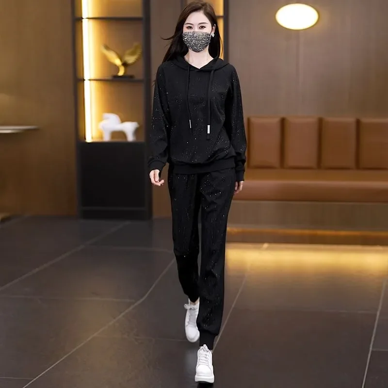 Women Spring Autumn Rhinestone Hoodie Jogger Pants Two Piece Set Loose Plus Size Daily Casual Outfit