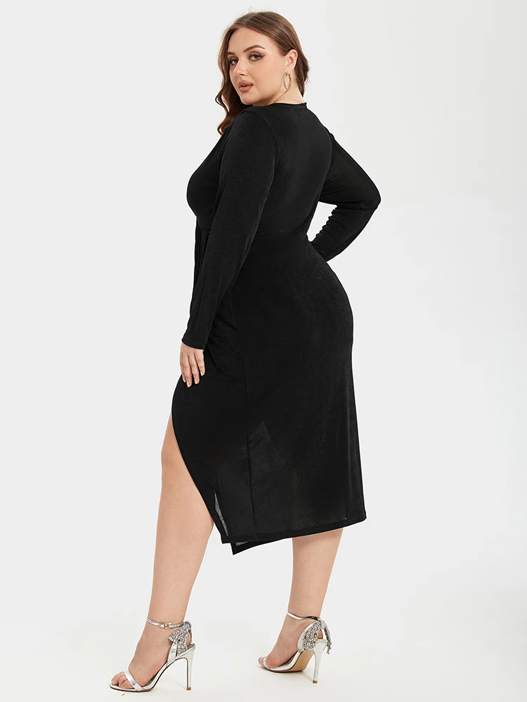 Plus Sized Clothing Solid Elegant Long Sleeve Split Thigh V-Neck Ruched Midi Dress Black Sexy Party Dresses for Women Girls