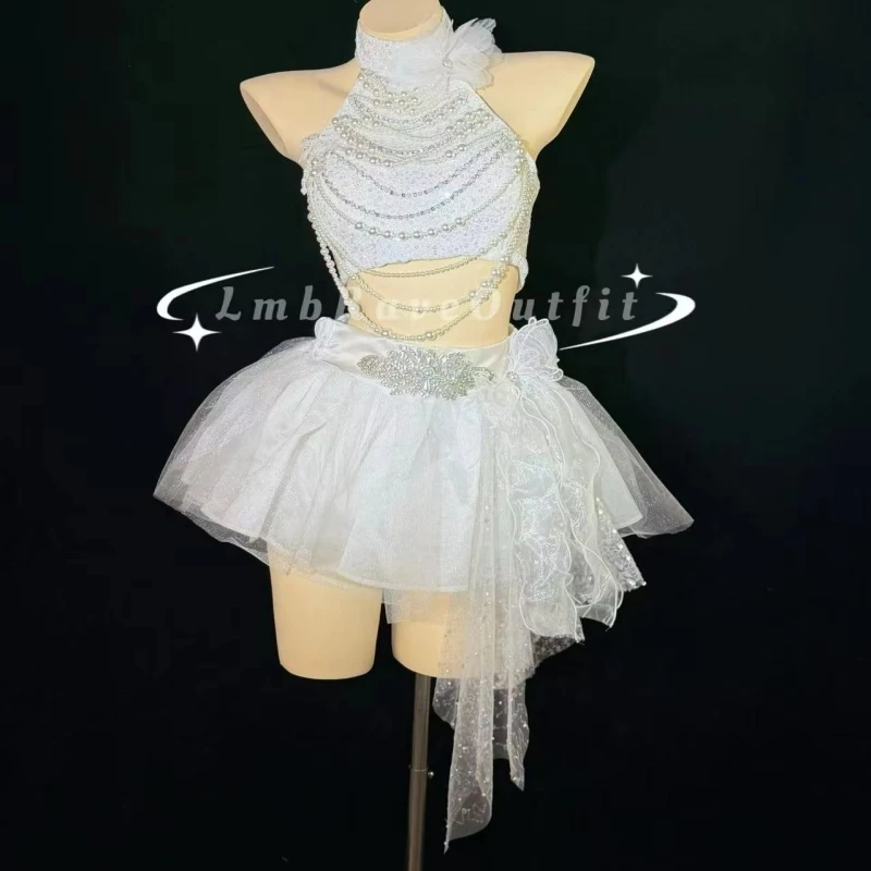 

Sparkling Rhinestone Pearl Fringe Bikini Lace Chiffon Dress Birthday Party Prom Bar Nightclub Club Singer Dancer Team Stage Wear