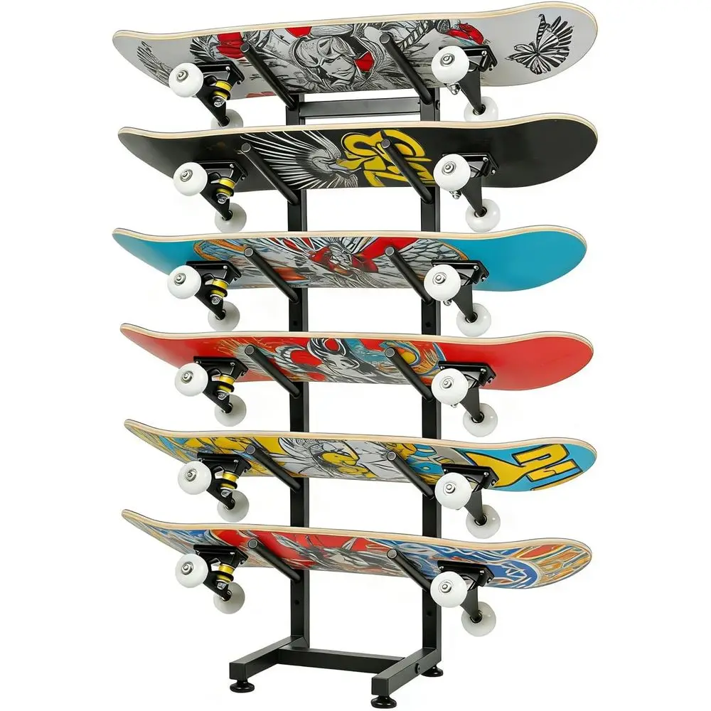 

6-Layer Wall Mounted Skateboard Storage Rack for Organizing Decks and Longboards