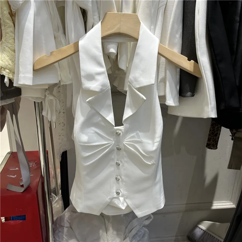 

Сексуальный подвесной топ с бриллиантами, корейский облегающий топ, лето 2025 Faion, универсальный однотонный полиэстеровый топ...