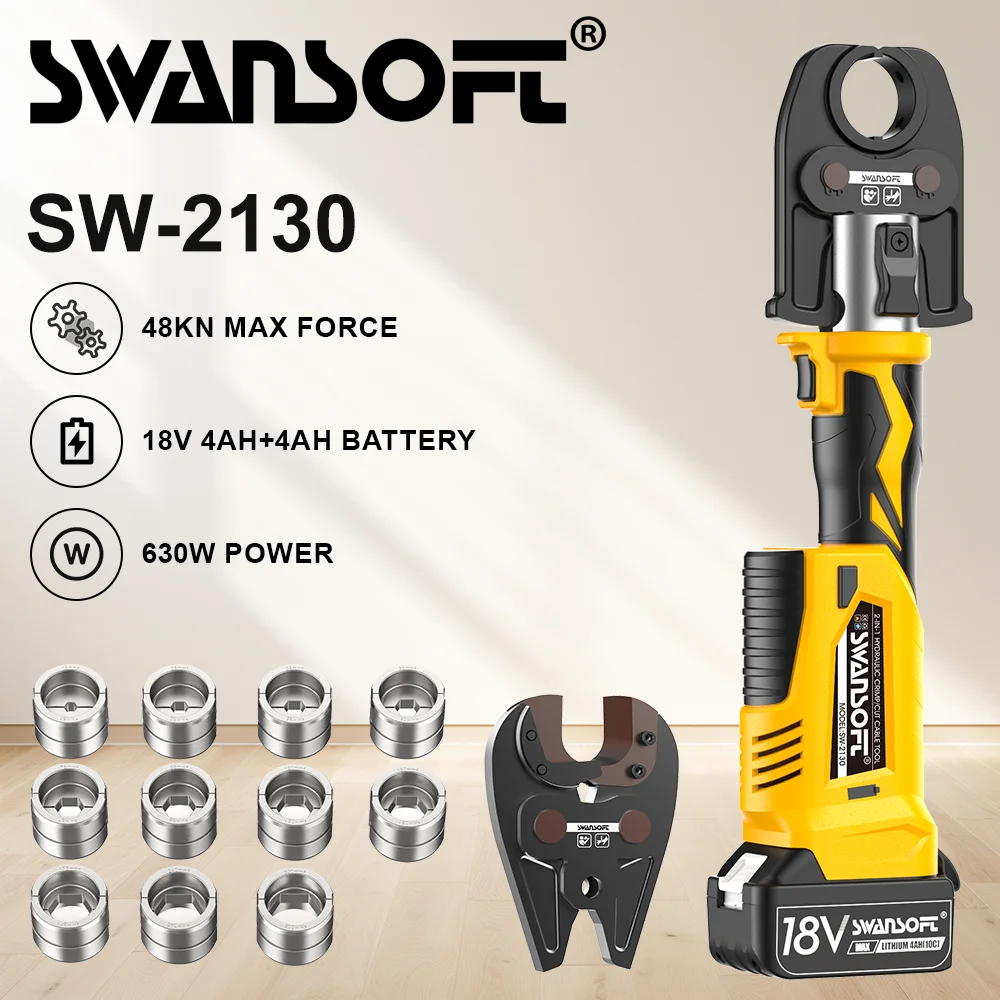 SWANSOFT 5Ton 2-in-1 Cordless Hydraulic Cable Crimping & Cutting Tool, Continuous Crimp, 11 Dies for 6AWG-600MCM, Battery Powered Wire Crimper Cutter Kit for Copper & Aluminum Terminal Lugs
