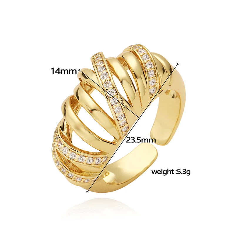 HECHENG, 18K Golden Plated Luxury High End Women's Jewellery Ring With CZ Stones And Floral Motifs In Geometric Metal Ring